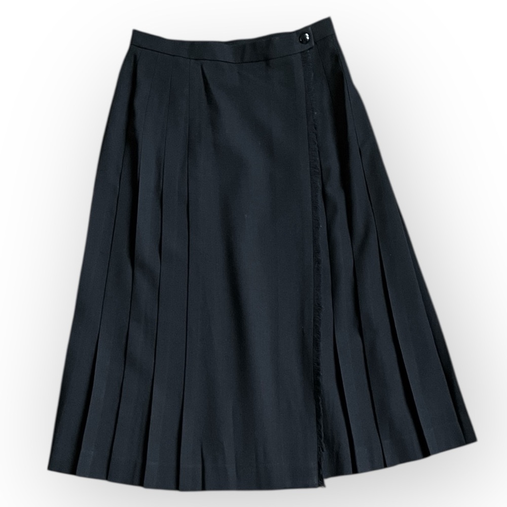 Vintage Gérard Pasquier Paris Black Wool Wrap Skirt | Pleated Midi | Wool
